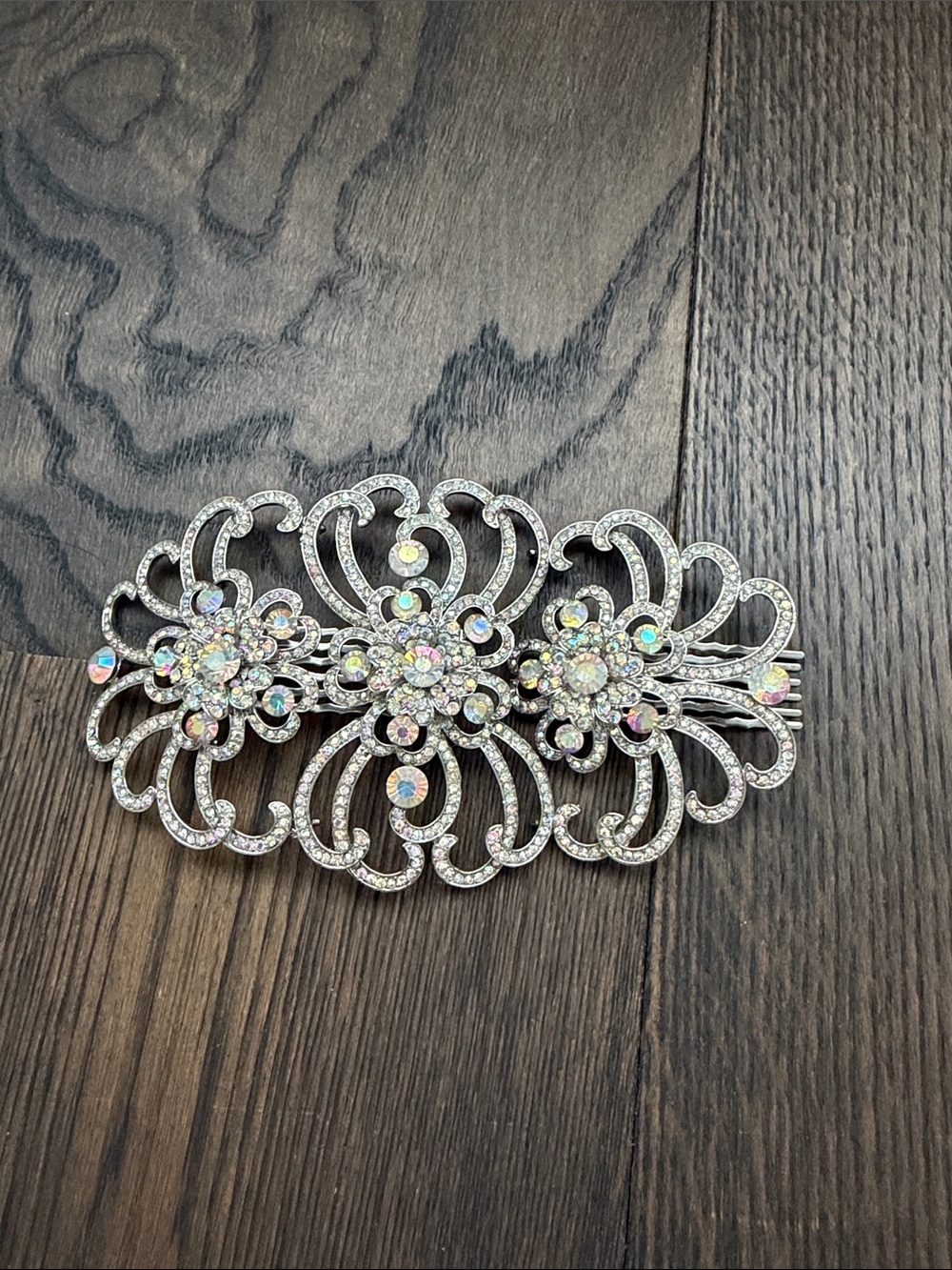 Crystal Floral Rhinestone Hair Barrette - Silver